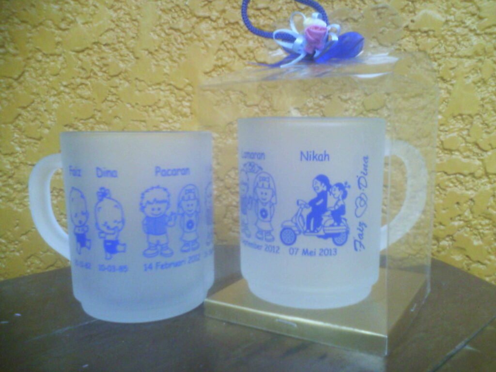 gelas frosted dengan sablon warna biru 